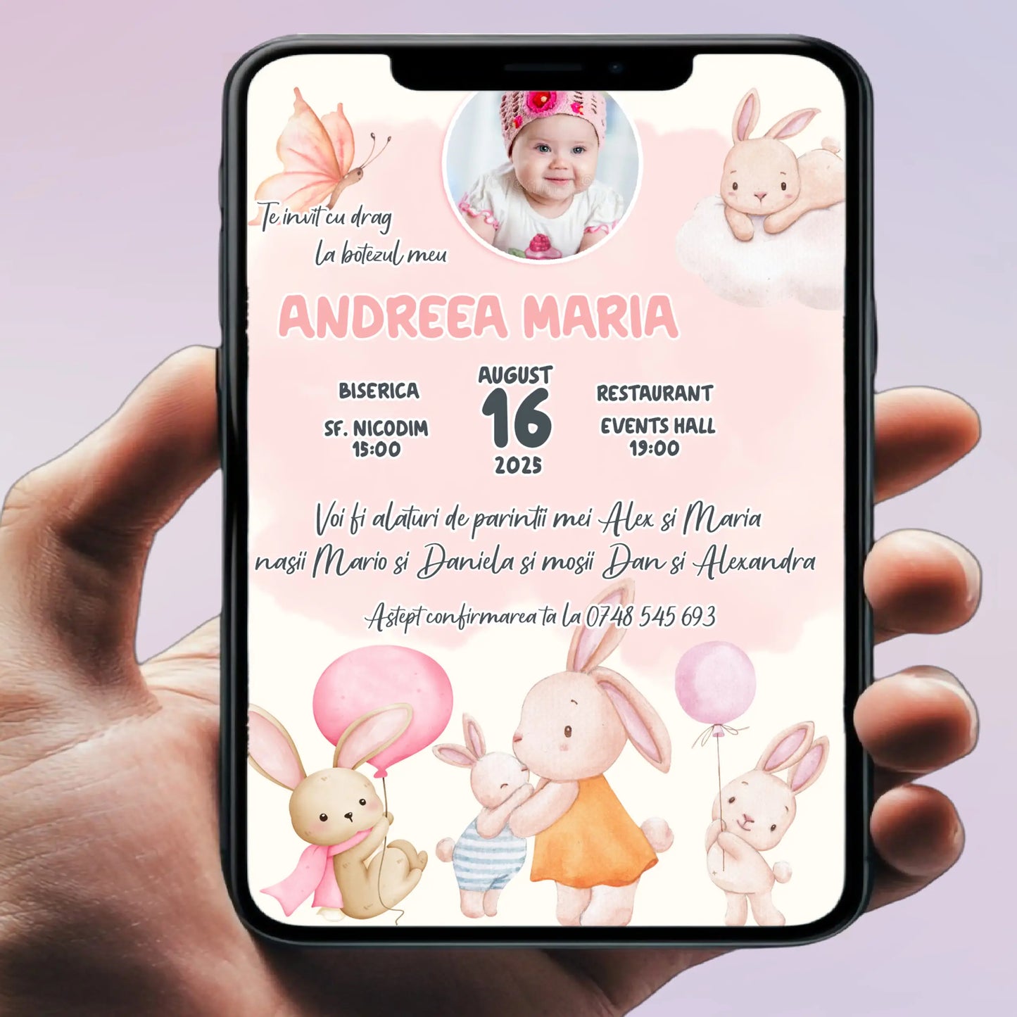 Invitație digitală pentru botez –  personalizată | Model D7