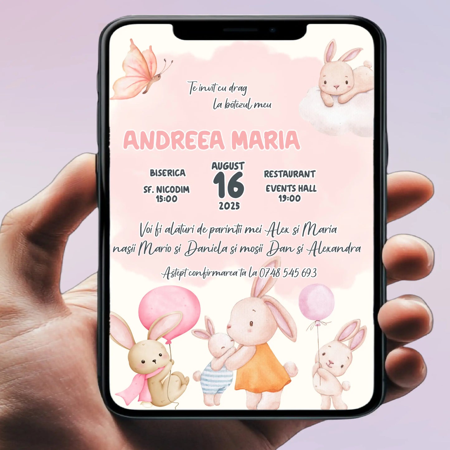 Invitație digitală pentru botez –  personalizată | Model D7