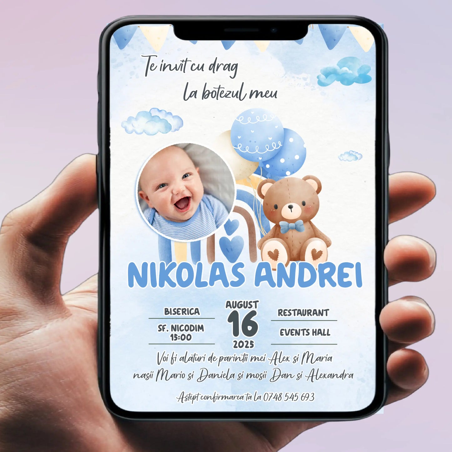 Invitație digitală pentru botez –  personalizată | Model D10