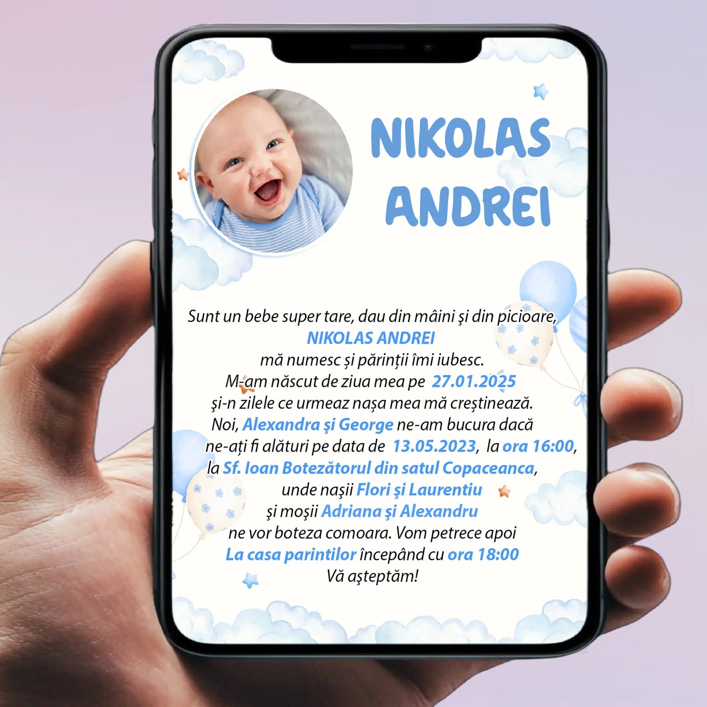 Invitație digitală pentru botez –  personalizată | Model D16