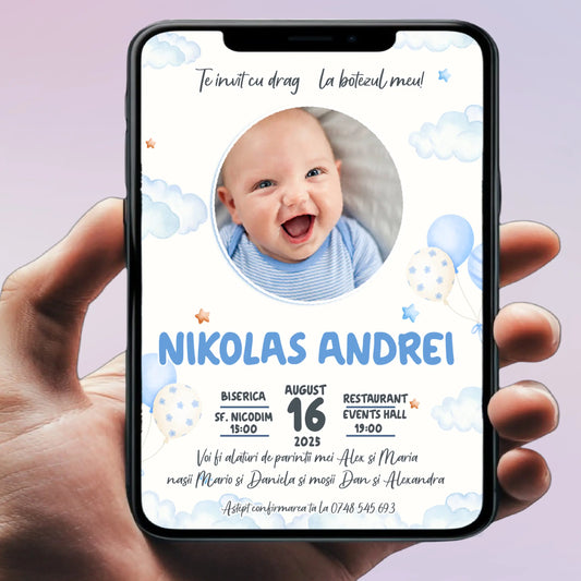 Invitație digitală pentru botez –  personalizată | Model D16