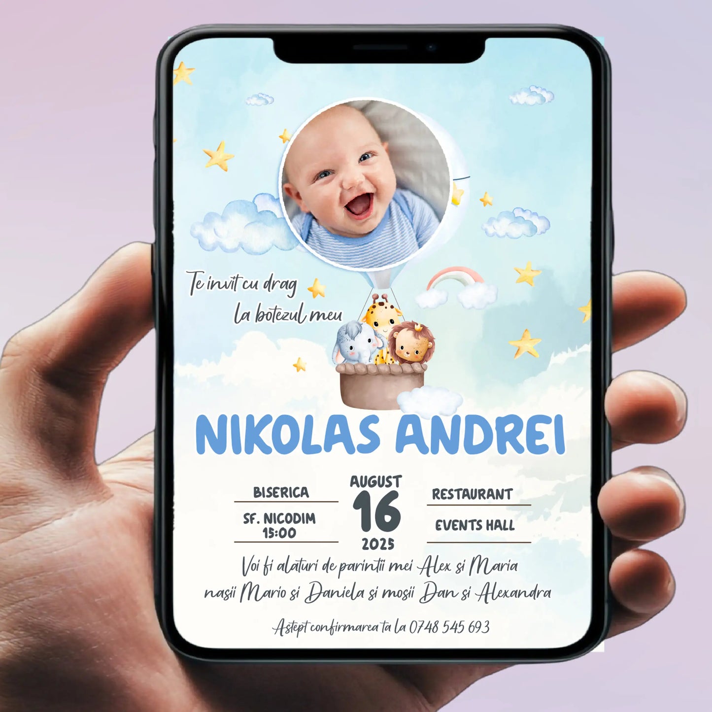 Invitație digitală pentru botez –  personalizată | Model D1