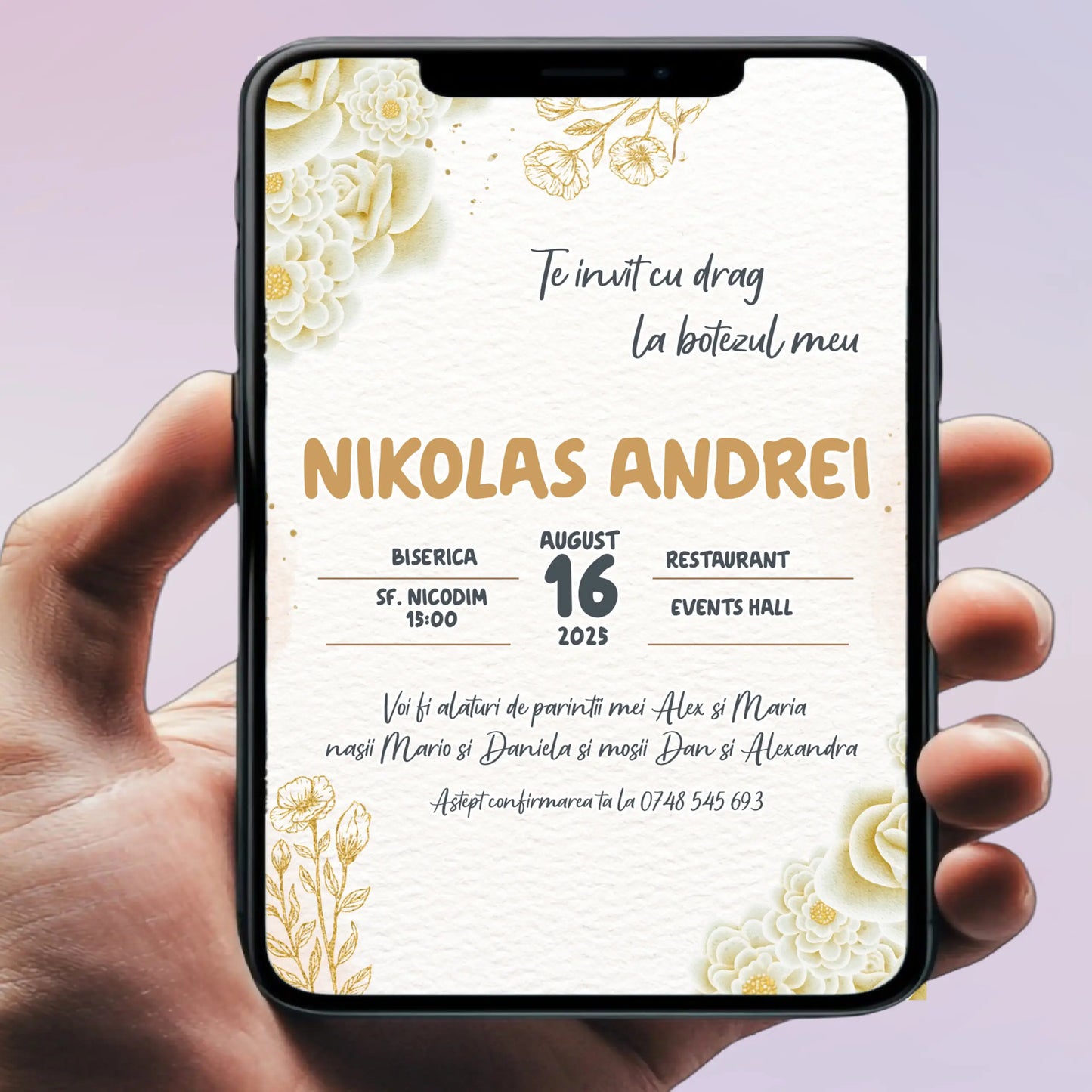 Invitație digitală pentru botez –  personalizată | Model D5