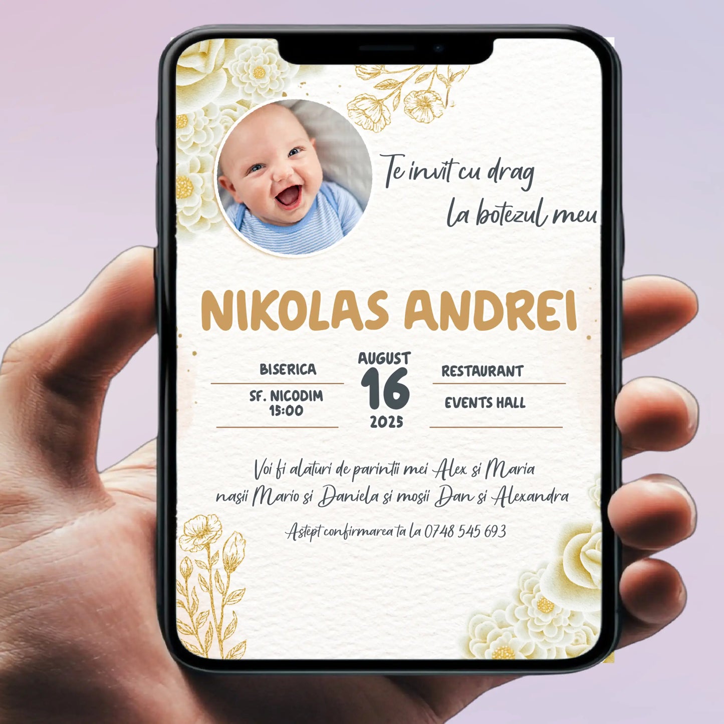 Invitație digitală pentru botez –  personalizată | Model D5