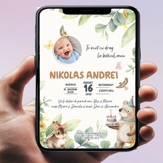 Invitație digitală pentru botez –  personalizată | Model D15