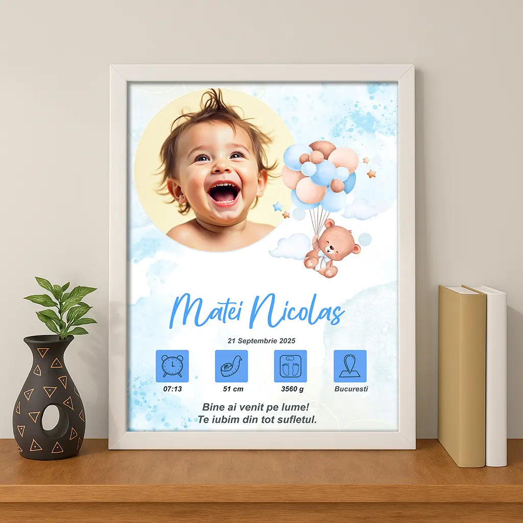 Tablou personalizat A4 cu fotografia și datele de la naștere ale bebelușului | Ursulet albastru cu baloane 2