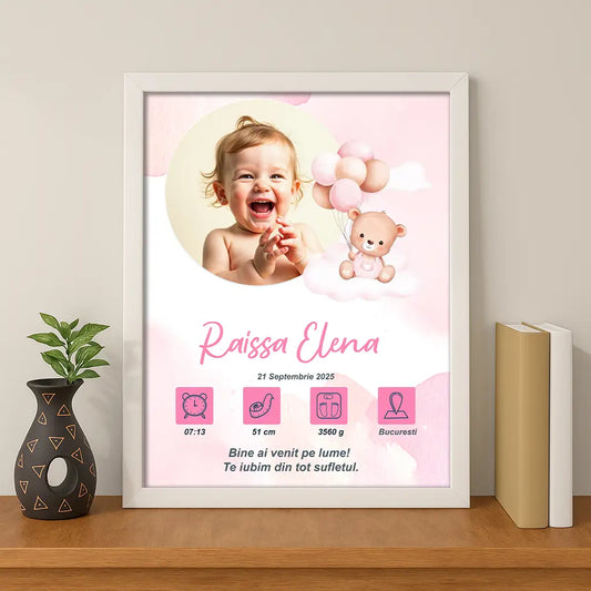 Tablou personalizat A4 cu fotografia și datele de la naștere ale bebelușului | Ursulet Roz 2
