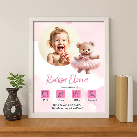Tablou personalizat A4 cu fotografia și datele de la naștere ale bebelușului | Ursulet Roz