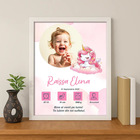 Tablou personalizat A4 cu fotografia și datele de la naștere ale bebelușului | unicorn