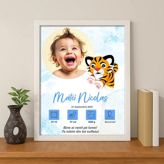 Tablou personalizat A4 cu fotografia și datele de la naștere ale bebelușului | Tigrut