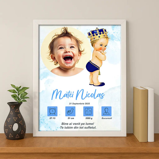 Tablou personalizat A4 cu fotografia și datele de la naștere ale bebelușului | Bebe rege