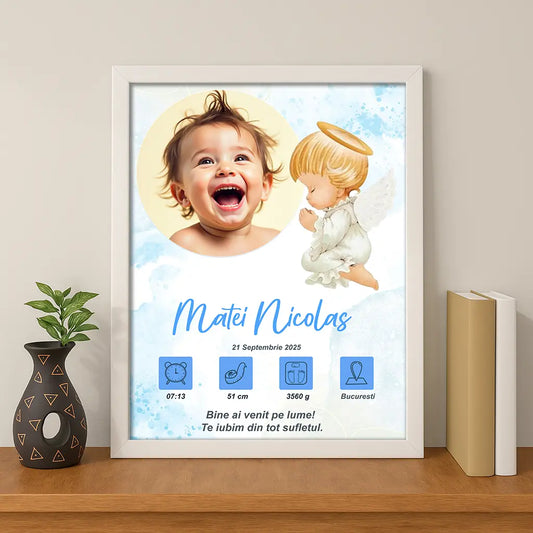 Tablou personalizat A4 cu fotografia și datele de la naștere ale bebelușului | Ingeras